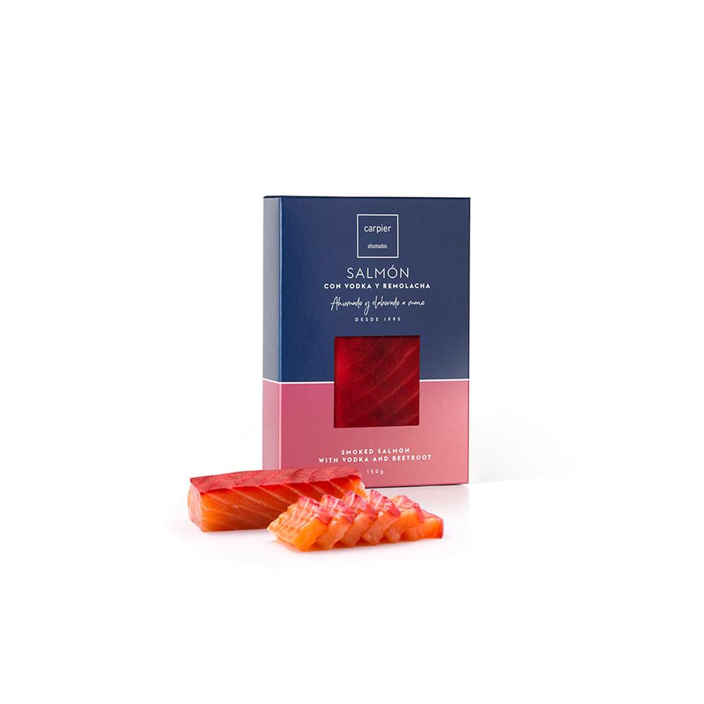Lingotto di salmone Carpier affumicato (Mix 4 Alga Nori - 4 Vodka & Barbabietola - 4 Gin Tonic) e congelato da 150g